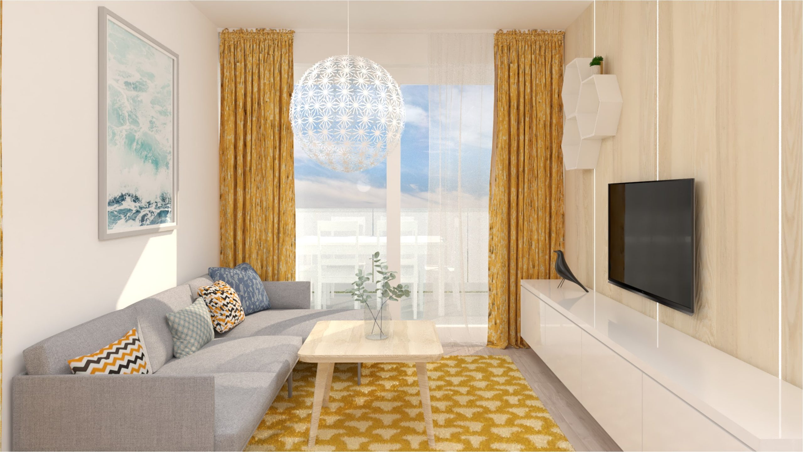 obývačka so žltými závesmi