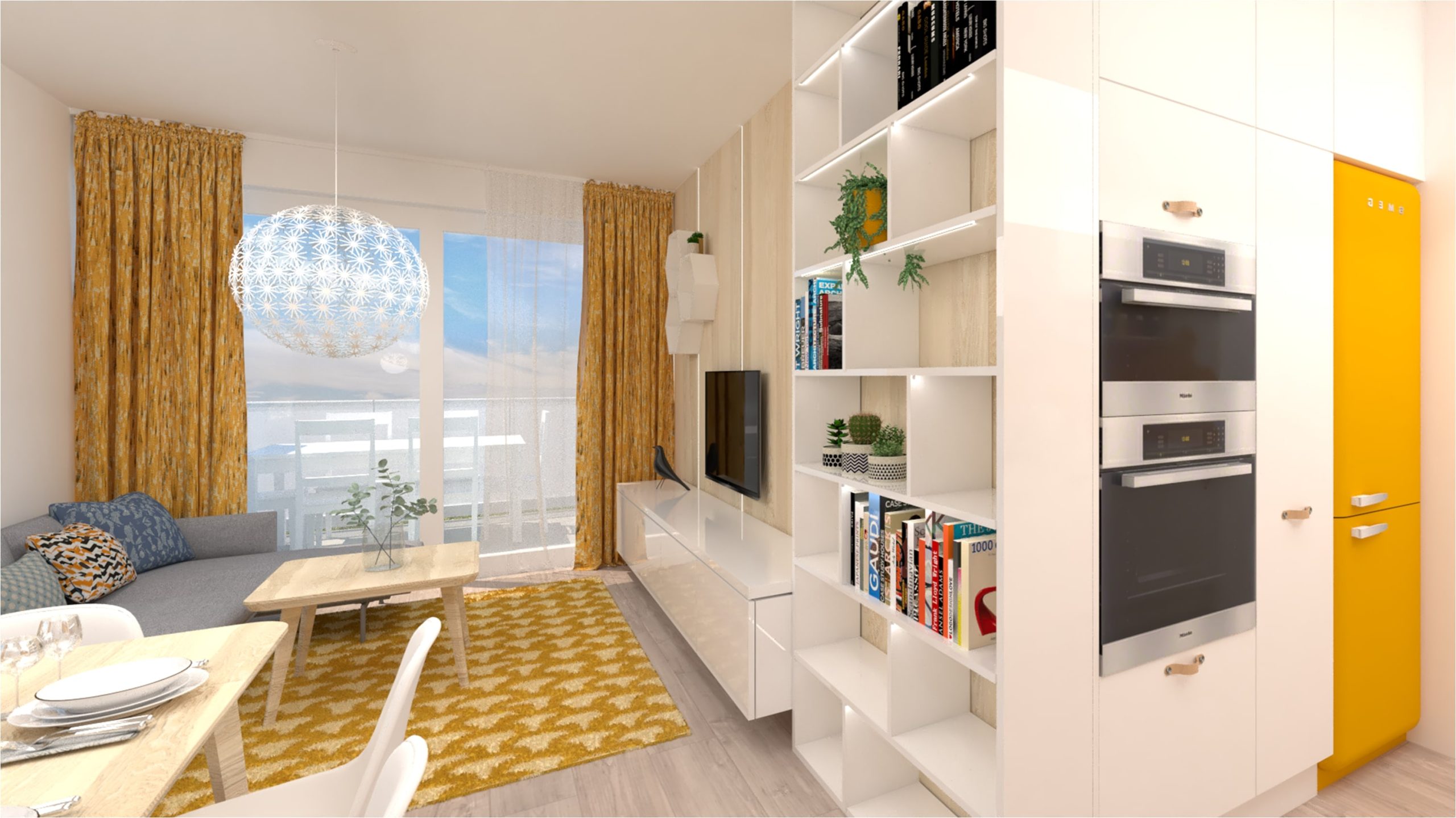 obývačka s knižnicou a žltými doplnkami