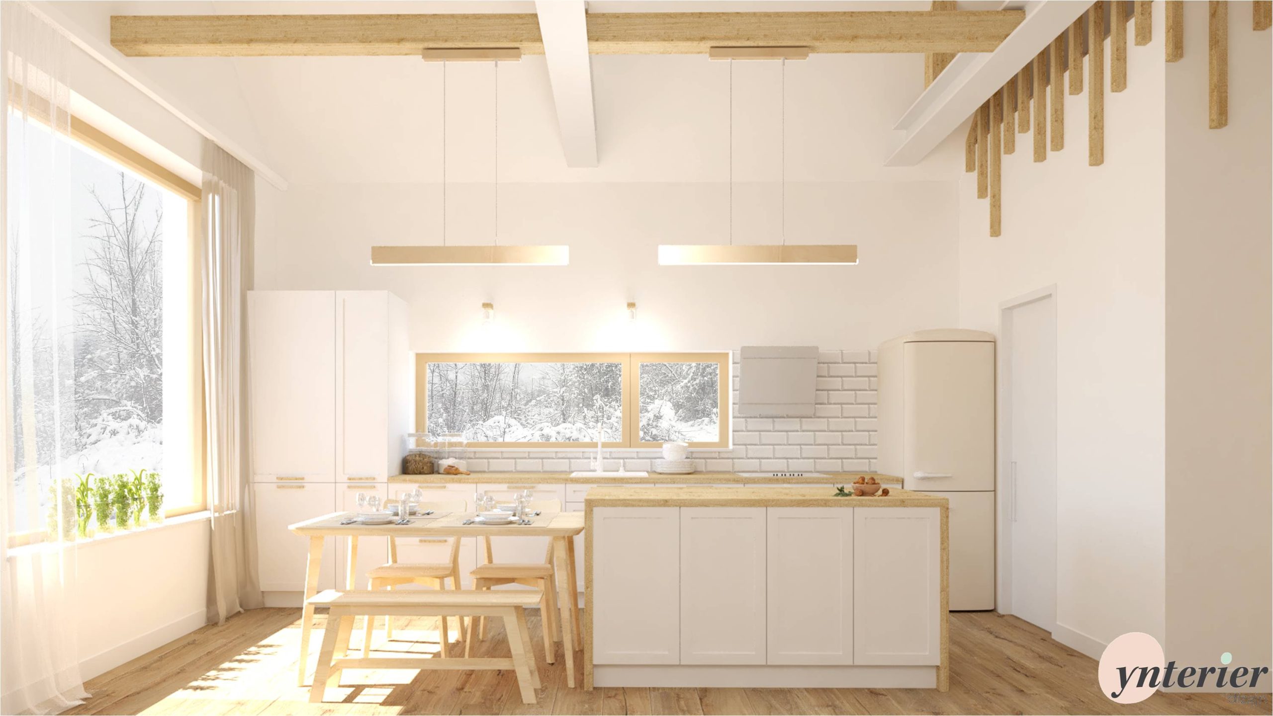 biela kuchyňa s dubovou pracovnou doskou