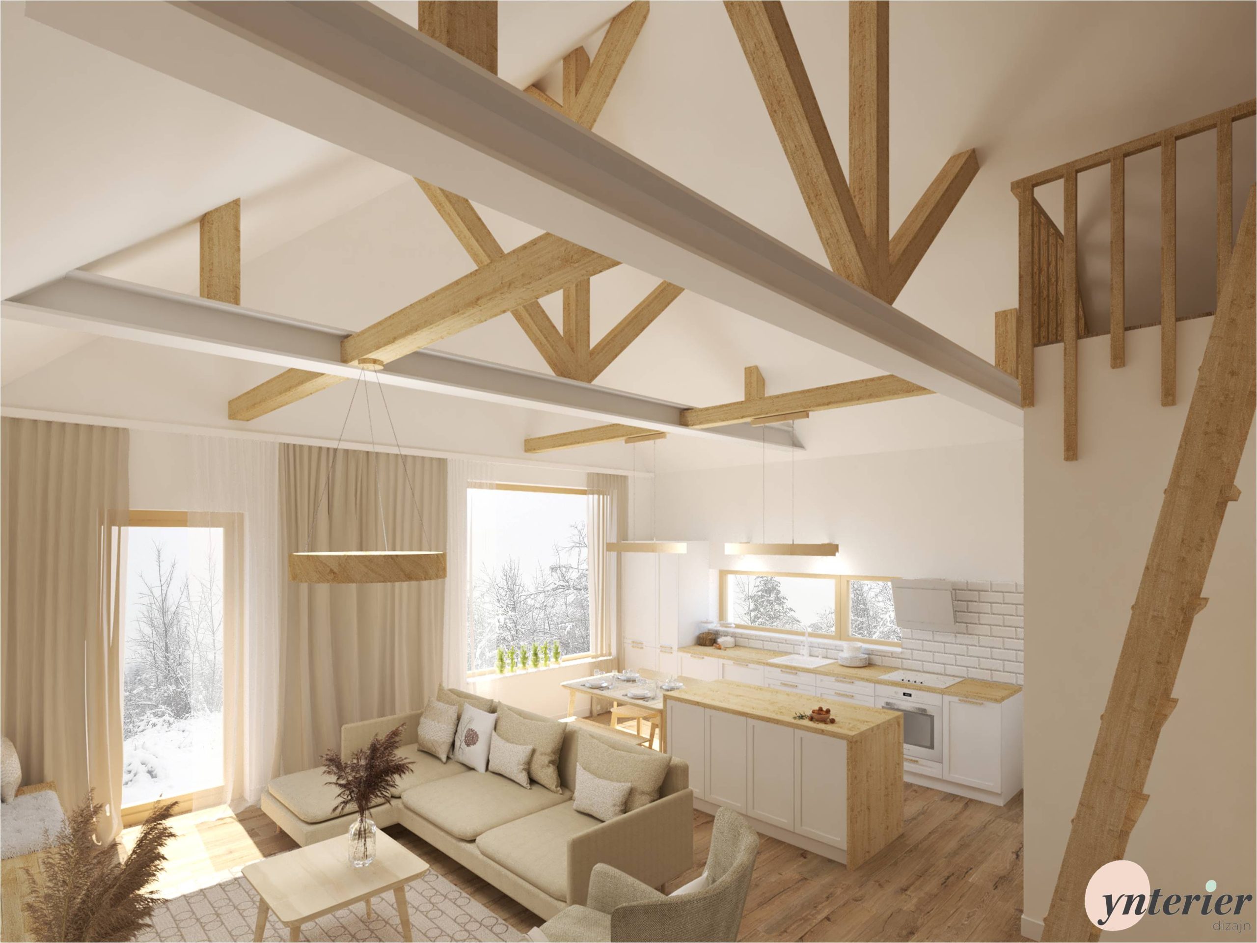 drevené nosníky a krov v obývačke