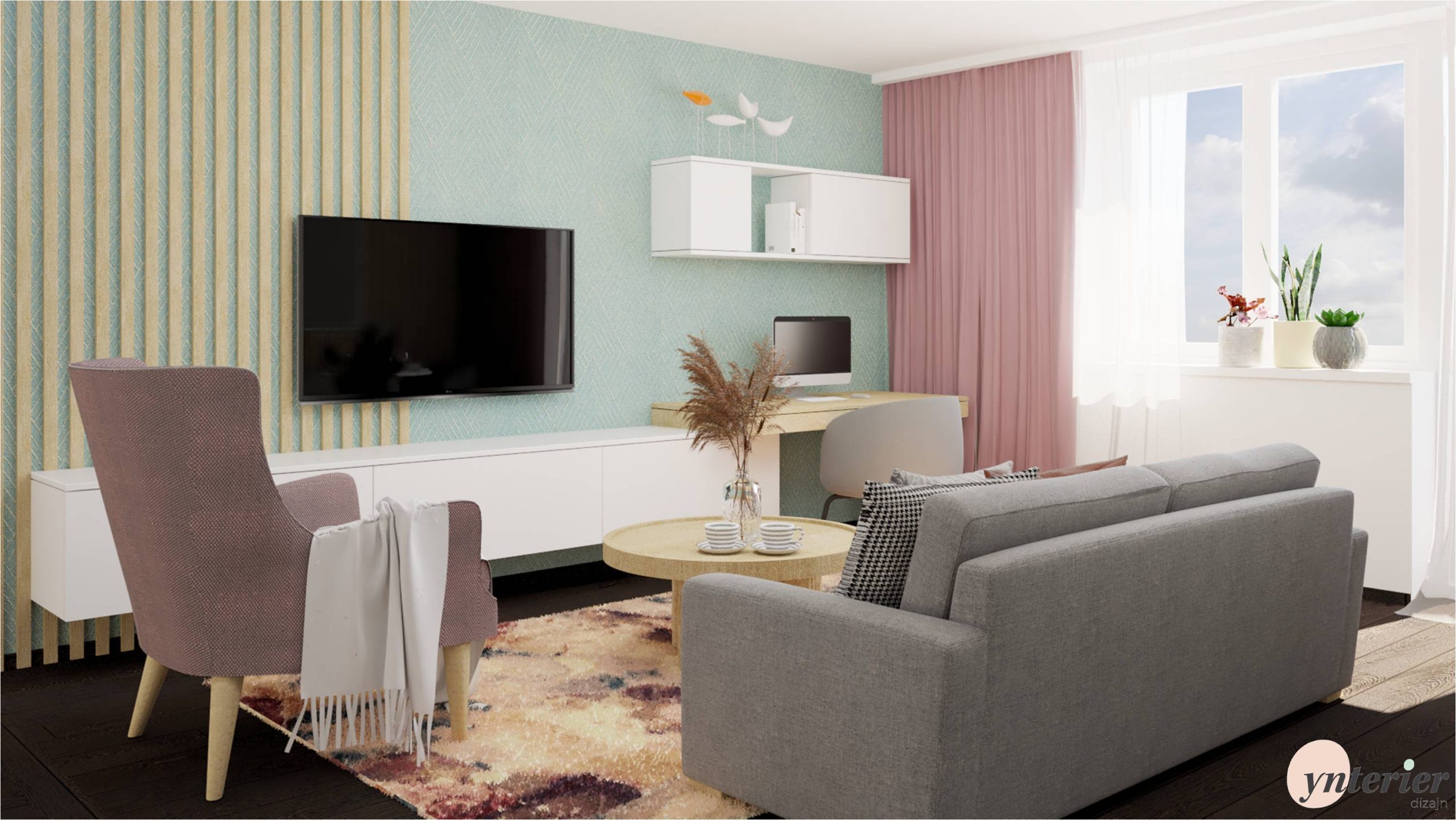 obývačka s farebnými doplnkami