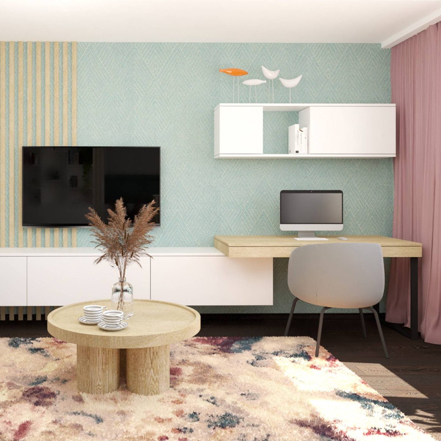 obývačka s pastelovými doplnkami
