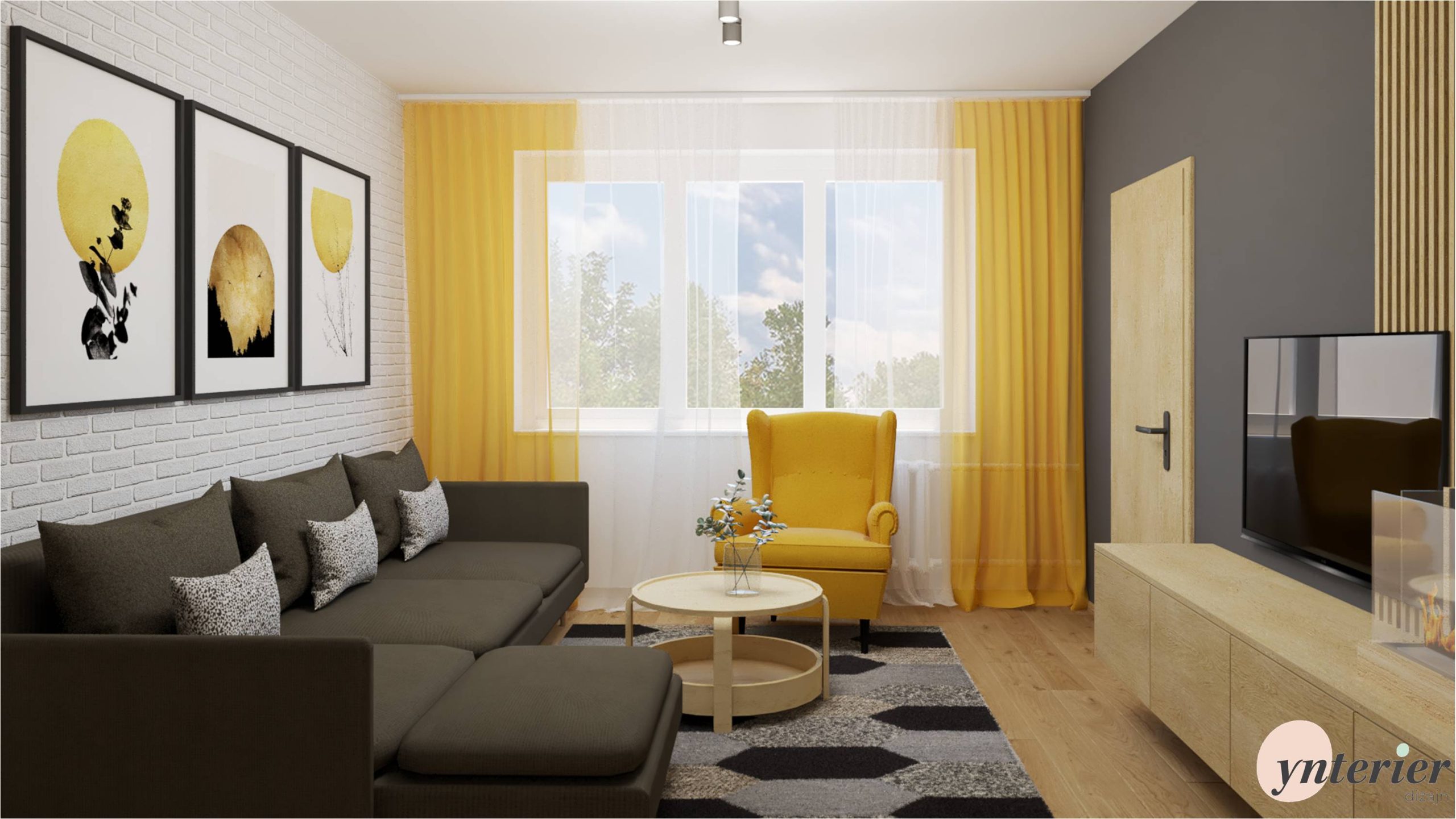 obývačka so žltým kreslom a tmavým gaučom