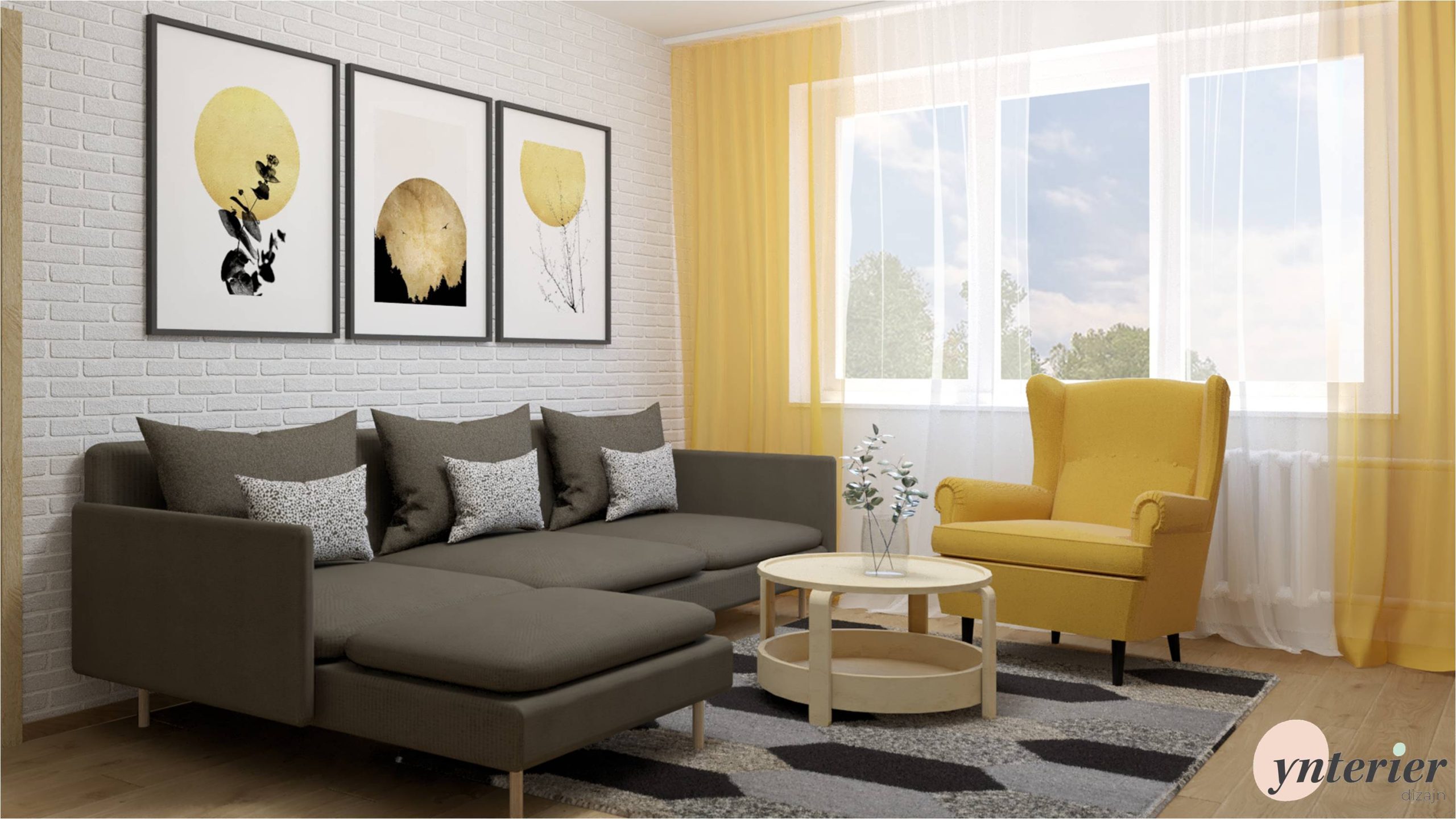 obývačka so žltými doplnkami