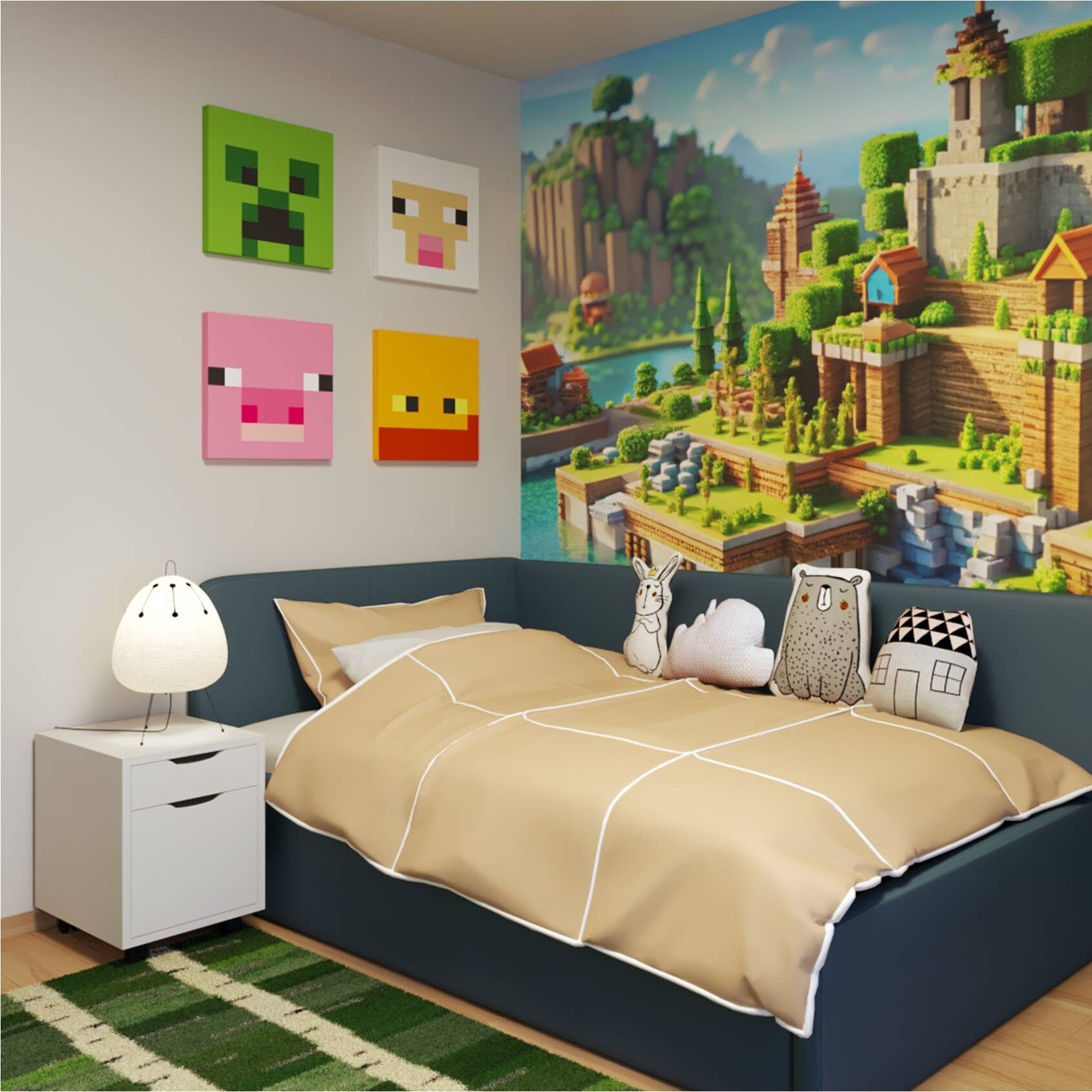 Detská izba Minecraft dizajn – posteľ, nočný stolík a dekorácie na stene